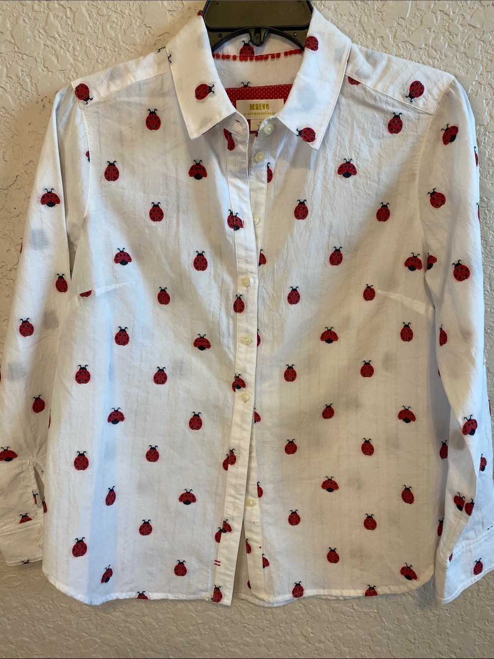 Maeve White Button-Down Shirt with Red Ladybug Motif Size SP